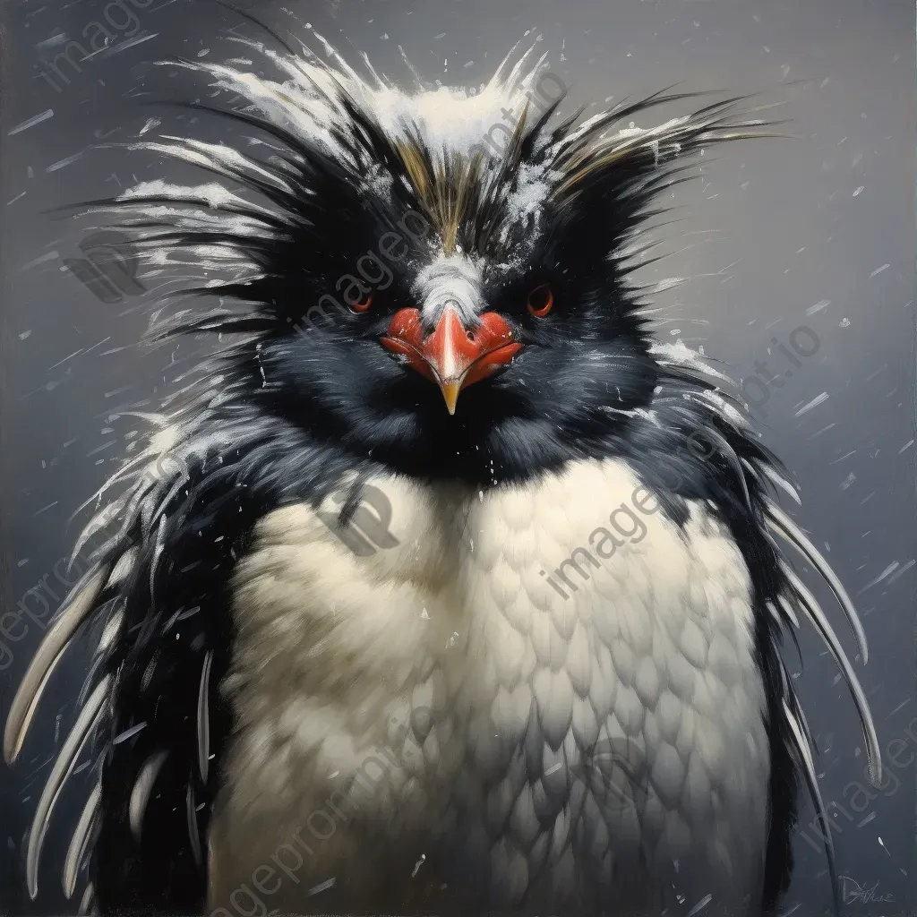 Russian Realism style painting of a penguin surviving in the Antarctic winds - Image 1