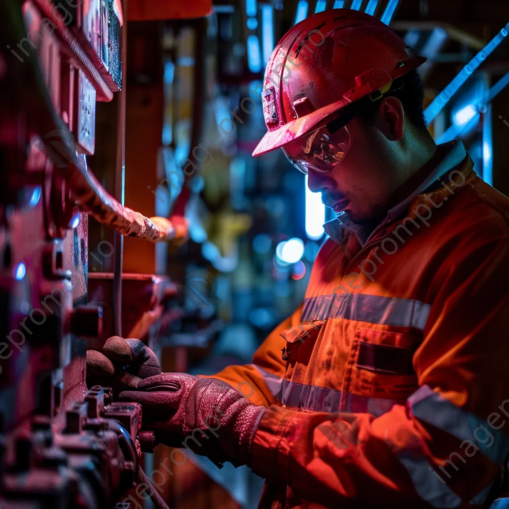 Maintenance worker inspecting factory equipment under artificial lighting - Image 1