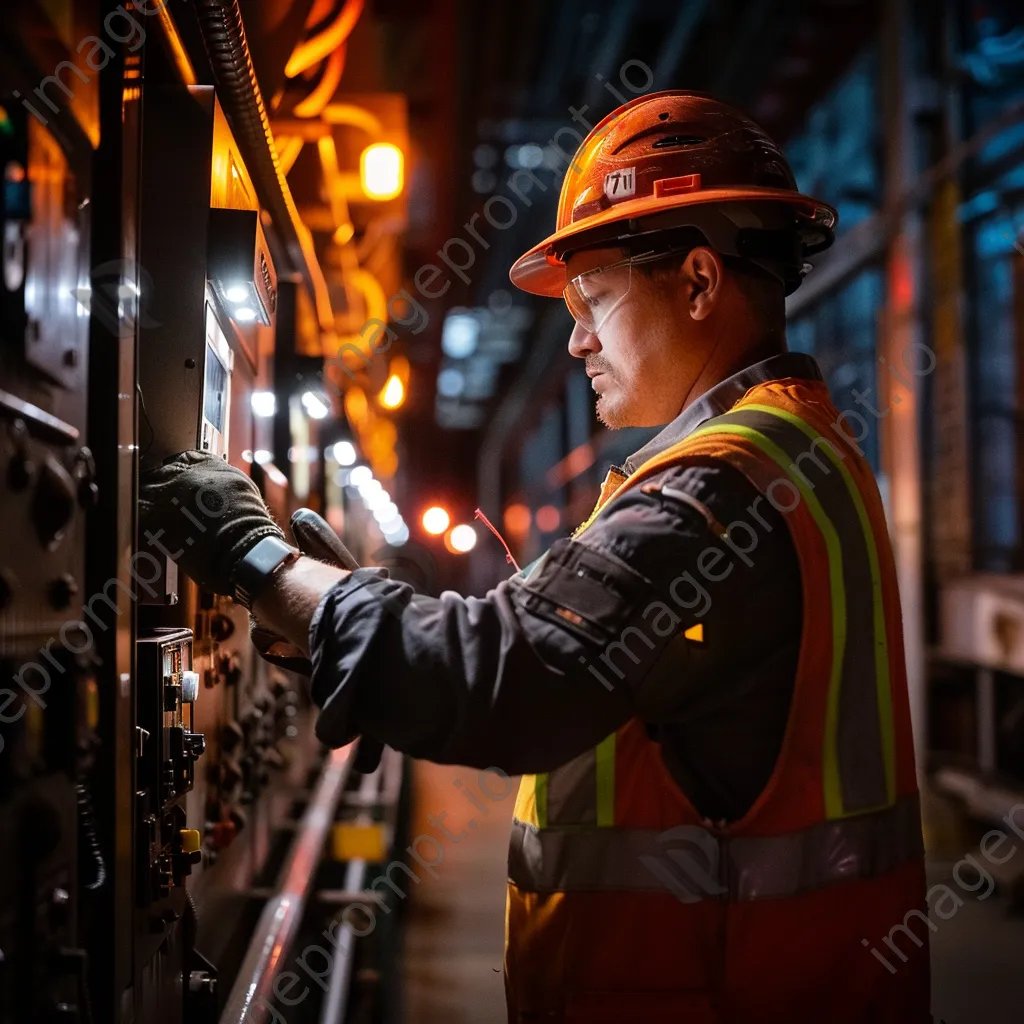 Maintenance worker inspecting factory equipment under artificial lighting - Image 2