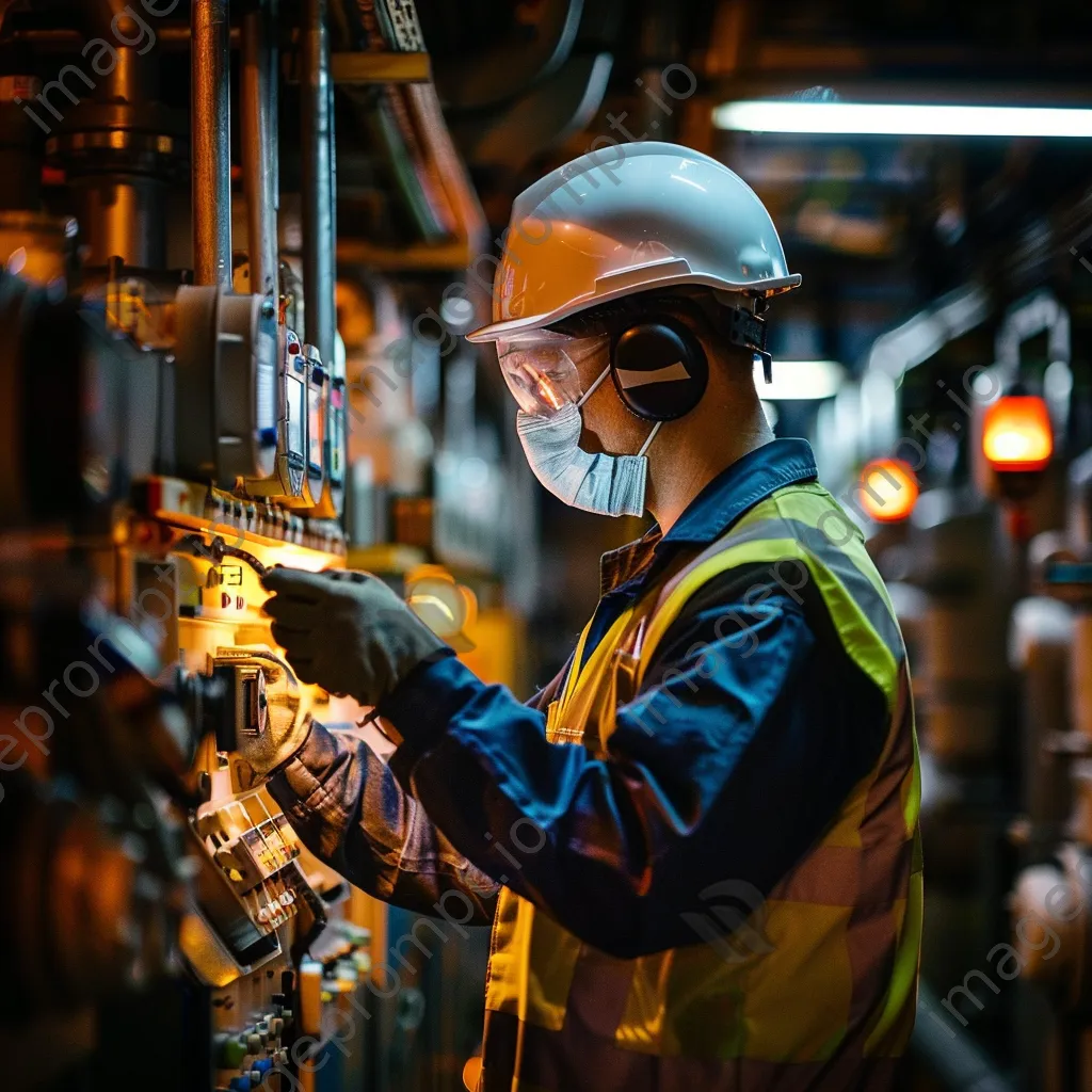 Maintenance worker inspecting factory equipment under artificial lighting - Image 4