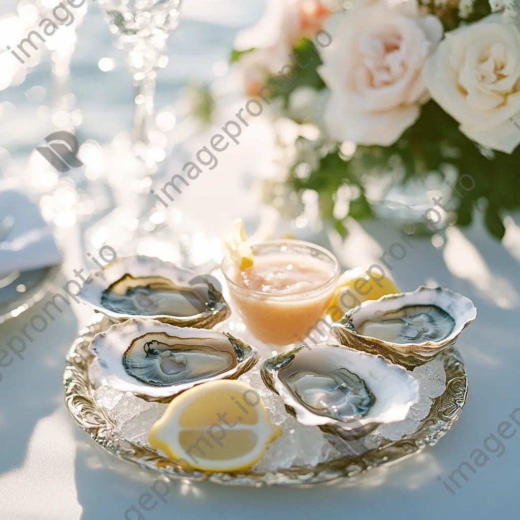 Oysters served on ice with lemon and cocktail sauce - Image 1