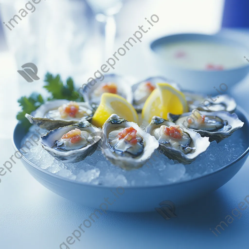 Oysters served on ice with lemon and cocktail sauce - Image 2