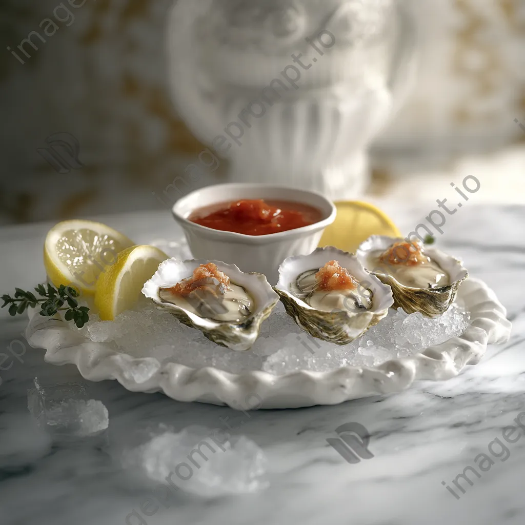 Oysters served on ice with lemon and cocktail sauce - Image 3