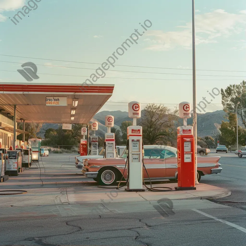 Retro gas station scene with vintage cars, classic pumps, and mechanic at work - Image 1