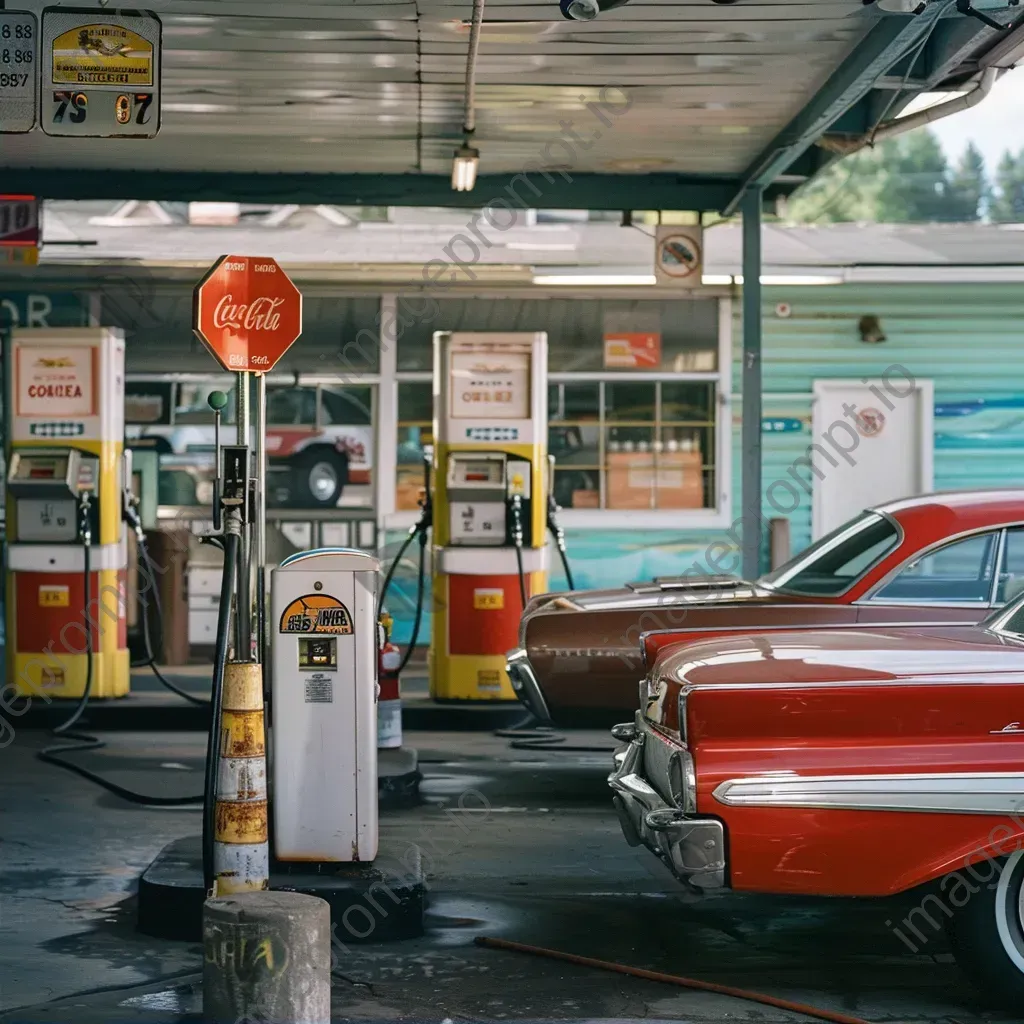 Retro gas station scene with vintage cars, classic pumps, and mechanic at work - Image 2