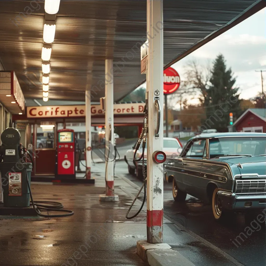 Retro gas station scene with vintage cars, classic pumps, and mechanic at work - Image 3