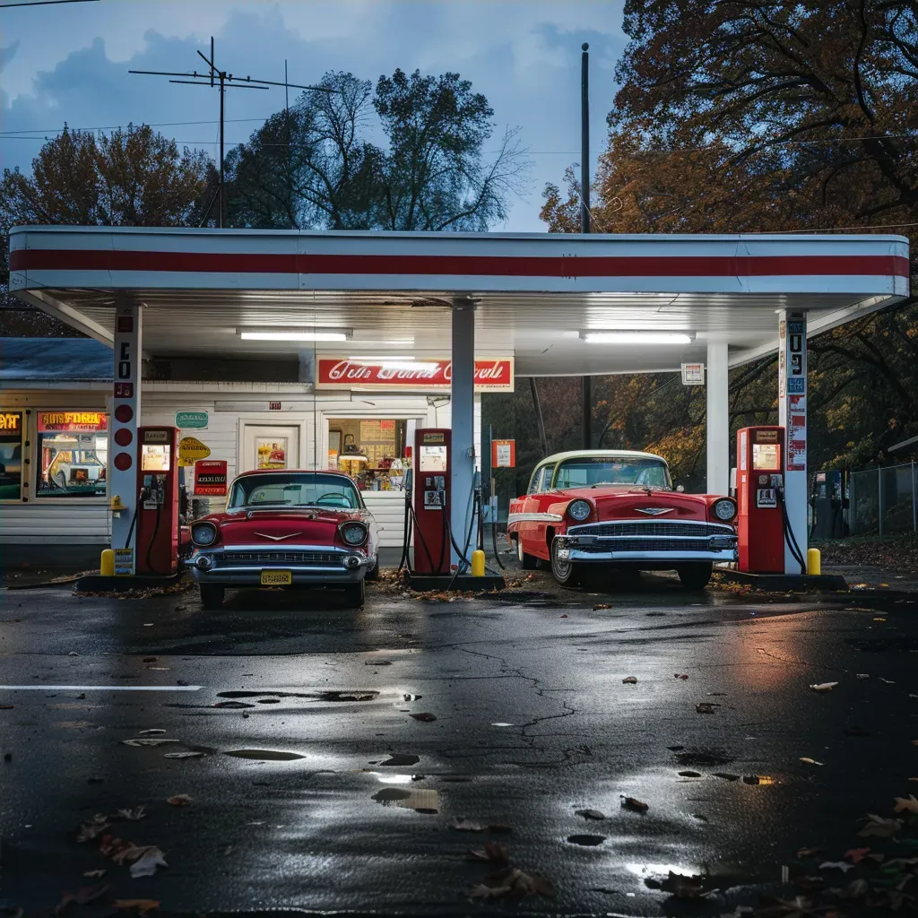 Retro Gas Station with Vintage Cars