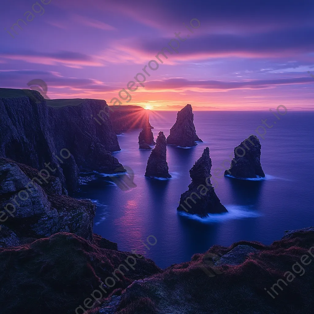 Coastal sea stacks at sunset with vibrant hues - Image 1