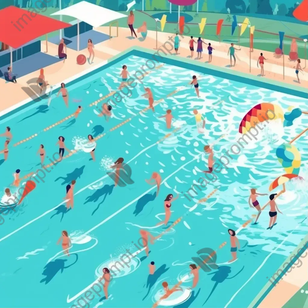 Swimming pool complex with racing swimmers and colorful parasols under sunlight - Image 1