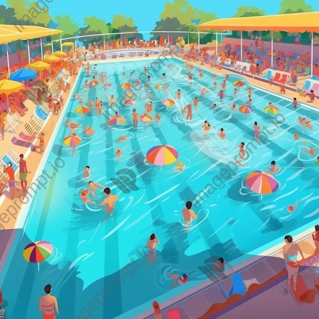 Swimming pool complex with racing swimmers and colorful parasols under sunlight - Image 2