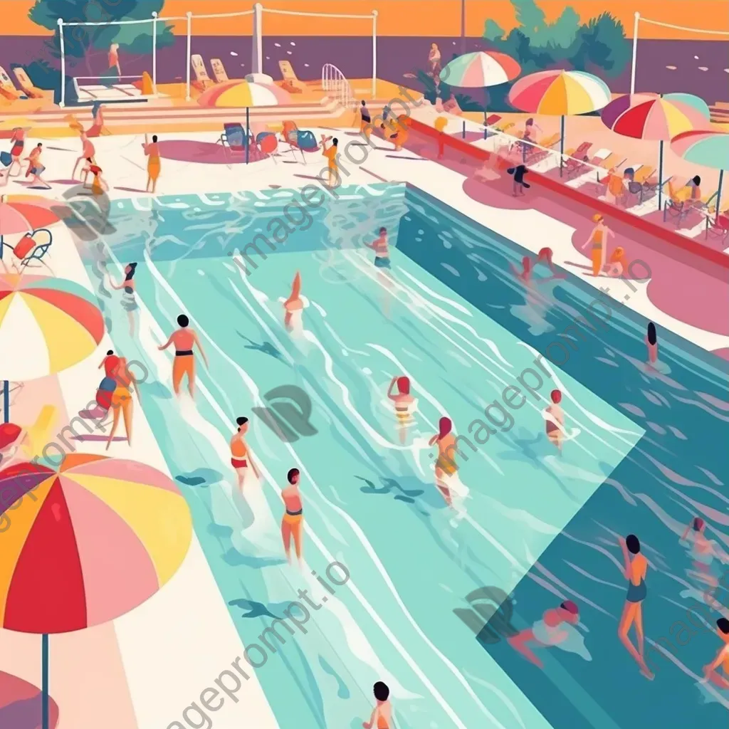 Swimming pool complex with racing swimmers and colorful parasols under sunlight - Image 3