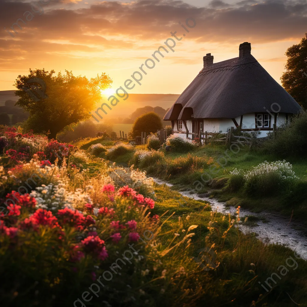 Thatched cottage surrounded by wildflowers at dawn - Image 1