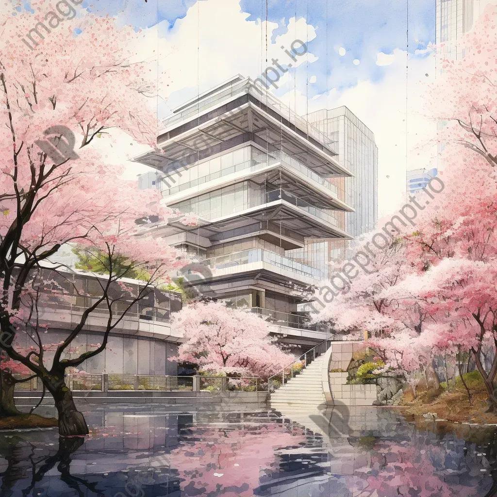 Cherry blossoms blooming against modern Tokyo architecture in watercolor - Image 1