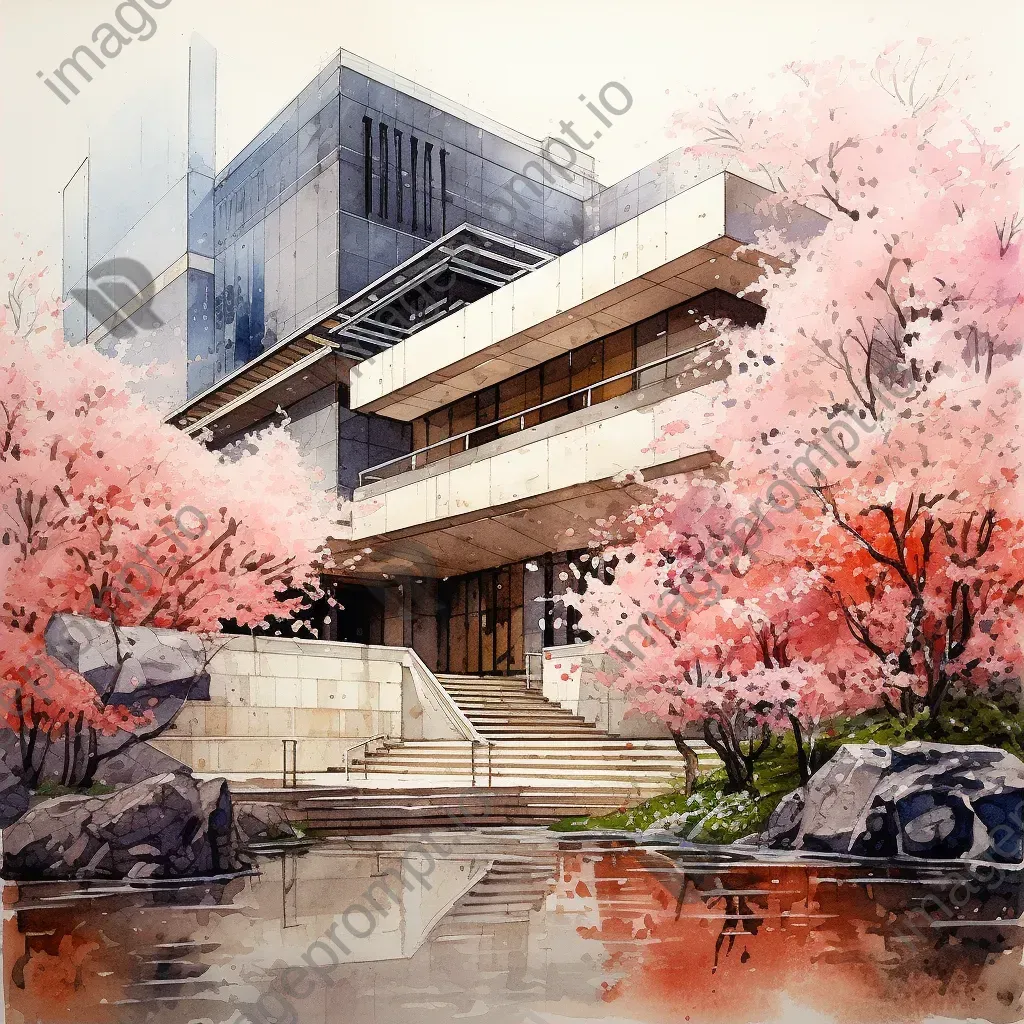 Cherry blossoms blooming against modern Tokyo architecture in watercolor - Image 2