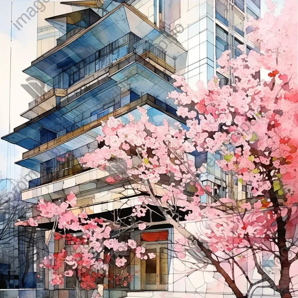 Cherry blossoms blooming against modern Tokyo architecture in watercolor - Image 3