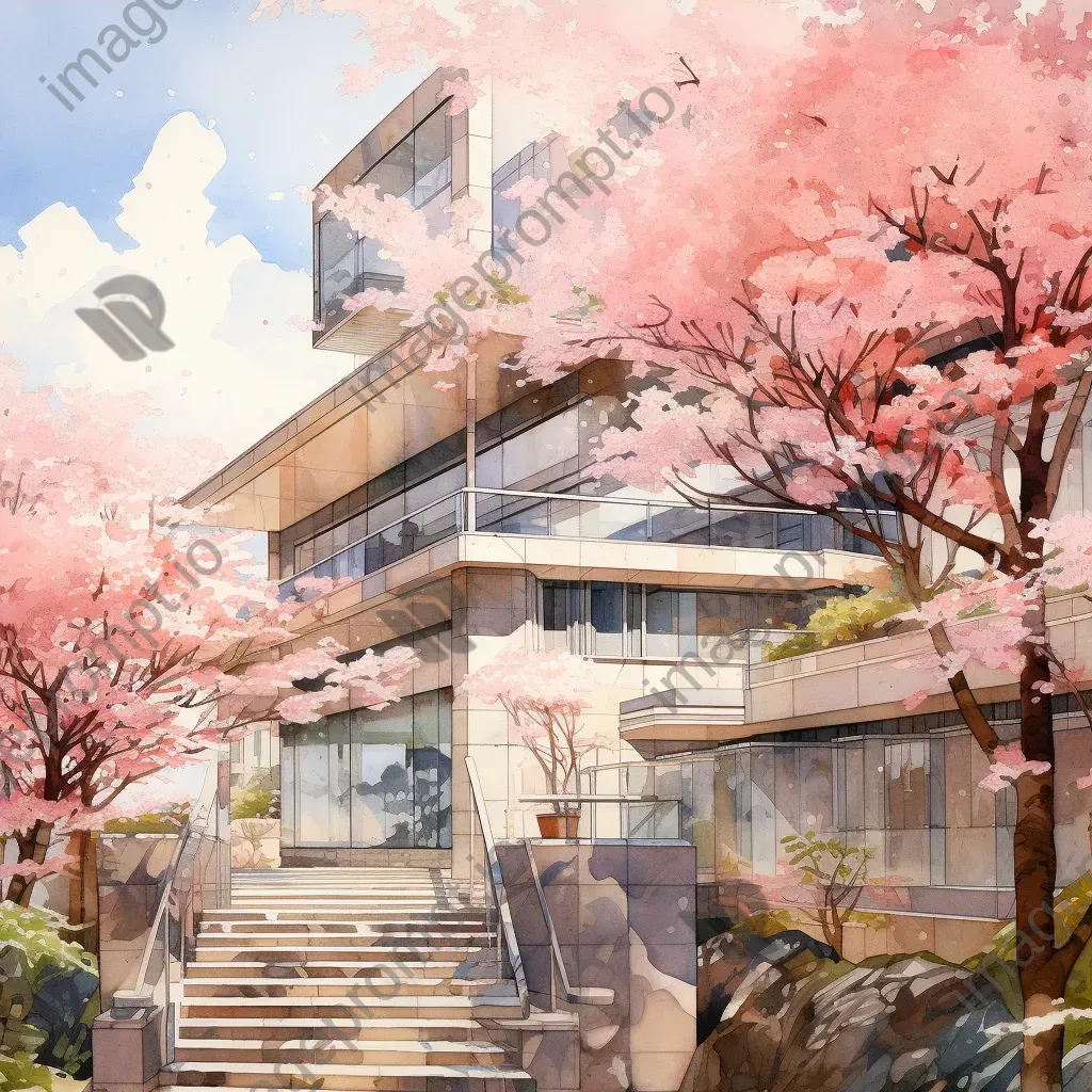 Cherry blossoms blooming against modern Tokyo architecture in watercolor - Image 4