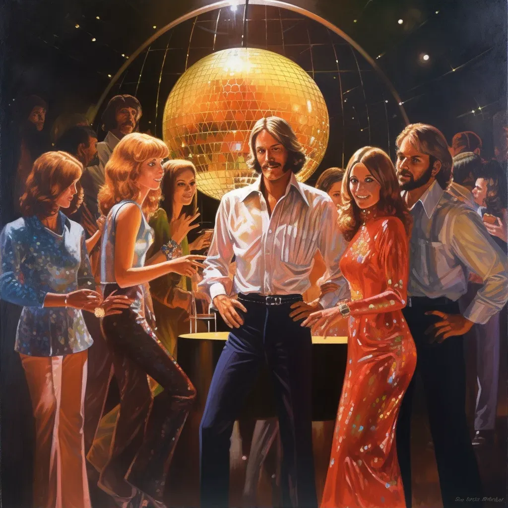 Image of a group of friends in 1970s disco attire under a disco ball in a club - Image 2