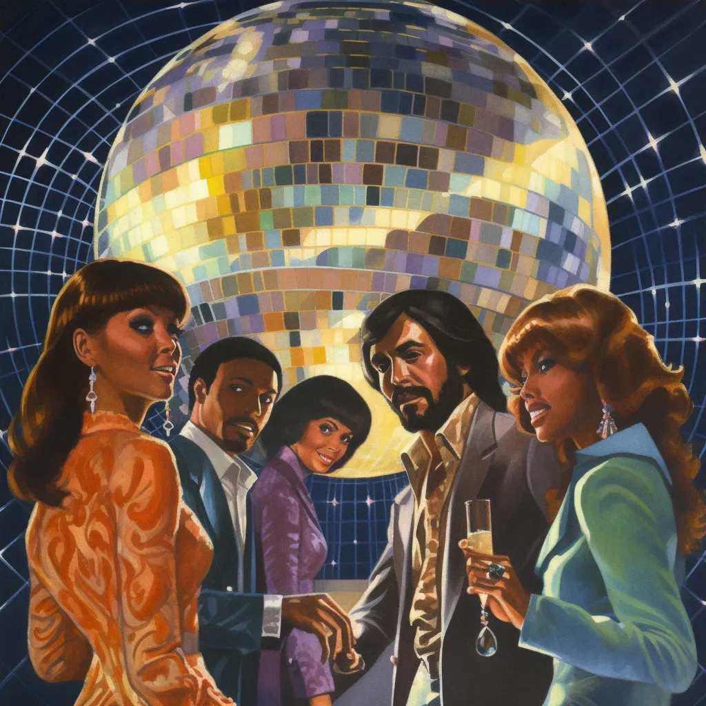 Image of a group of friends in 1970s disco attire under a disco ball in a club - Image 3