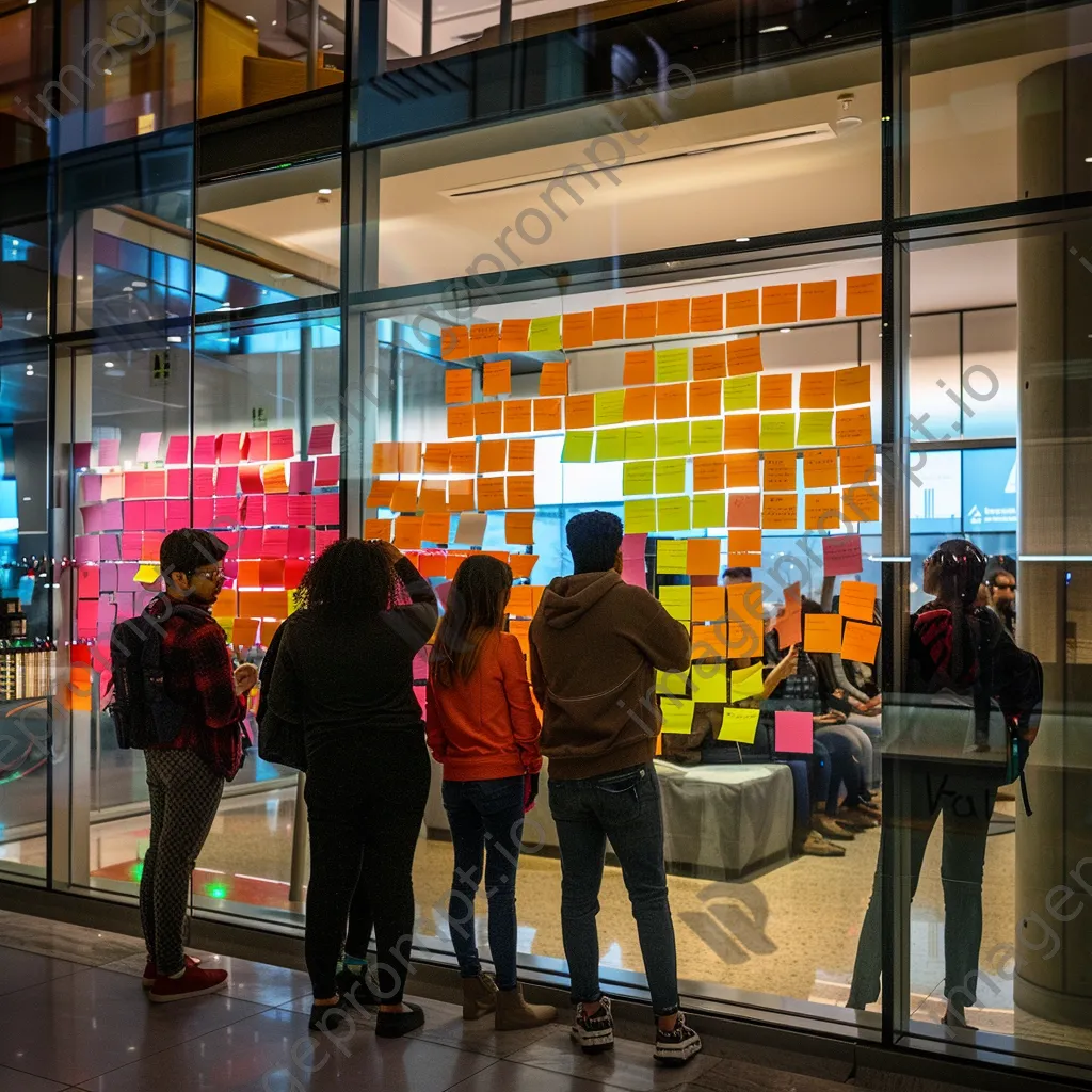 Developers brainstorming ideas on a glass wall with sticky notes. - Image 1