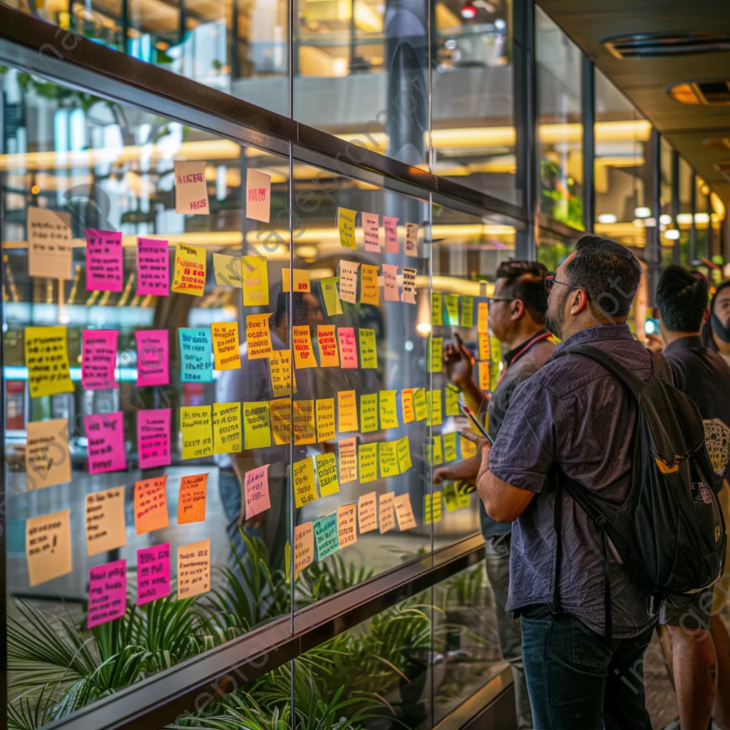 Developers brainstorming ideas on a glass wall with sticky notes. - Image 2