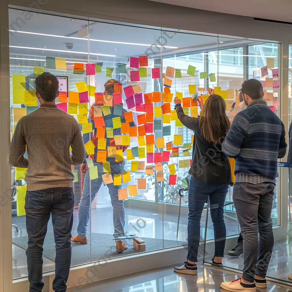 Developers brainstorming ideas on a glass wall with sticky notes. - Image 4