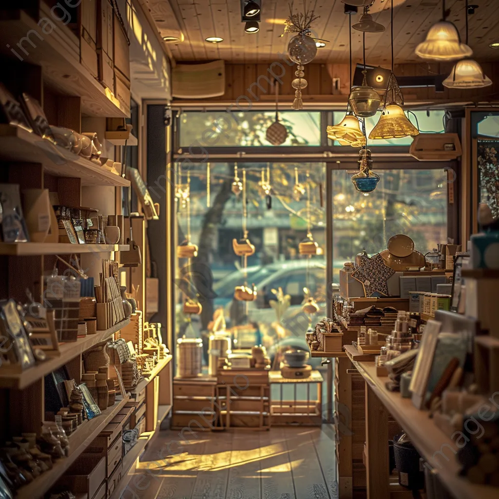 Interior of a gift shop with handmade crafts and soft ambient lighting - Image 1