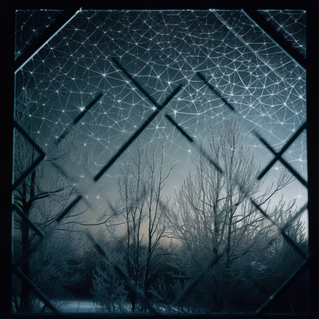 Lattice of ice crystals formed on a windowpane against a winter night sky - Image 1