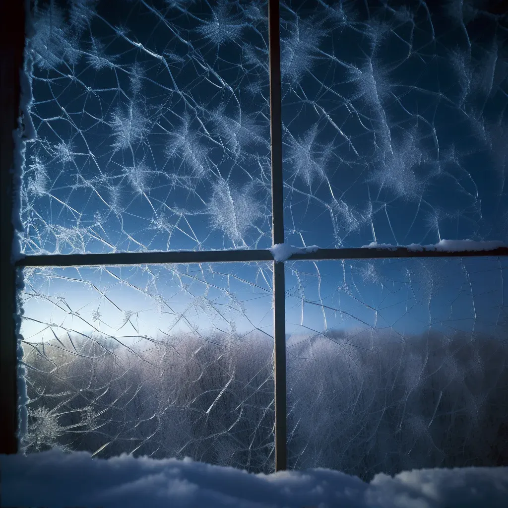 Lattice of ice crystals formed on a windowpane against a winter night sky - Image 2