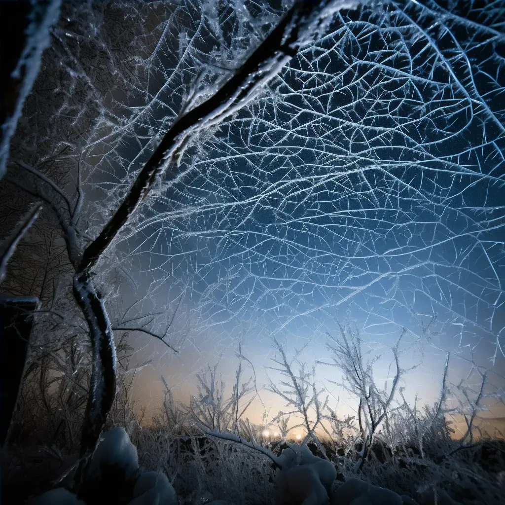 Lattice of ice crystals formed on a windowpane against a winter night sky - Image 4