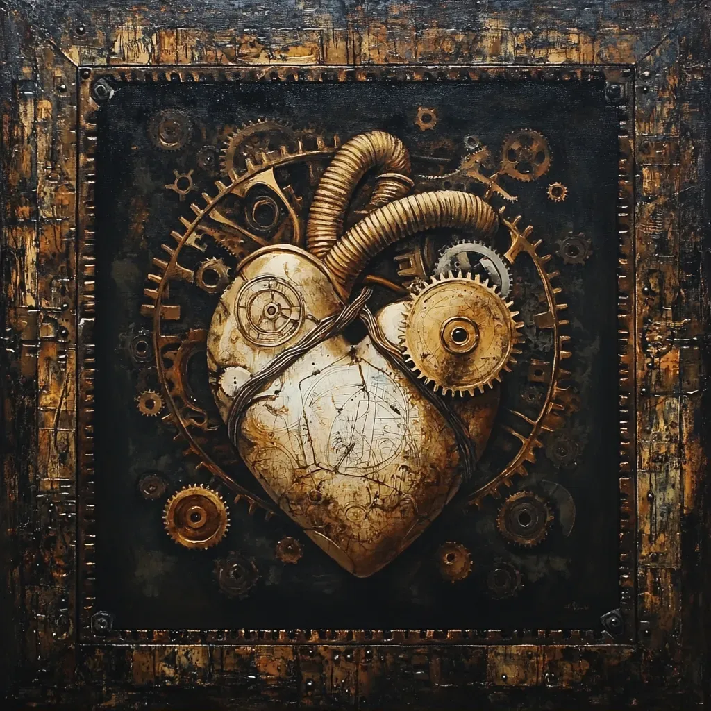 Steampunk-inspired painting of a mechanical heart with gears symbolizing interconnectedness - Image 1