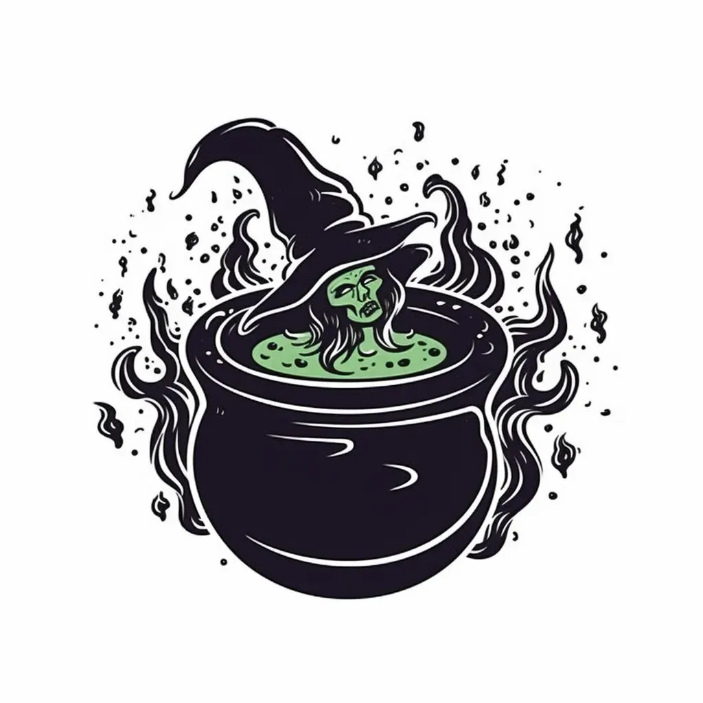 Wicked witch brewing potion in cauldron, brew, moonlit night Halloween logo - Image 1