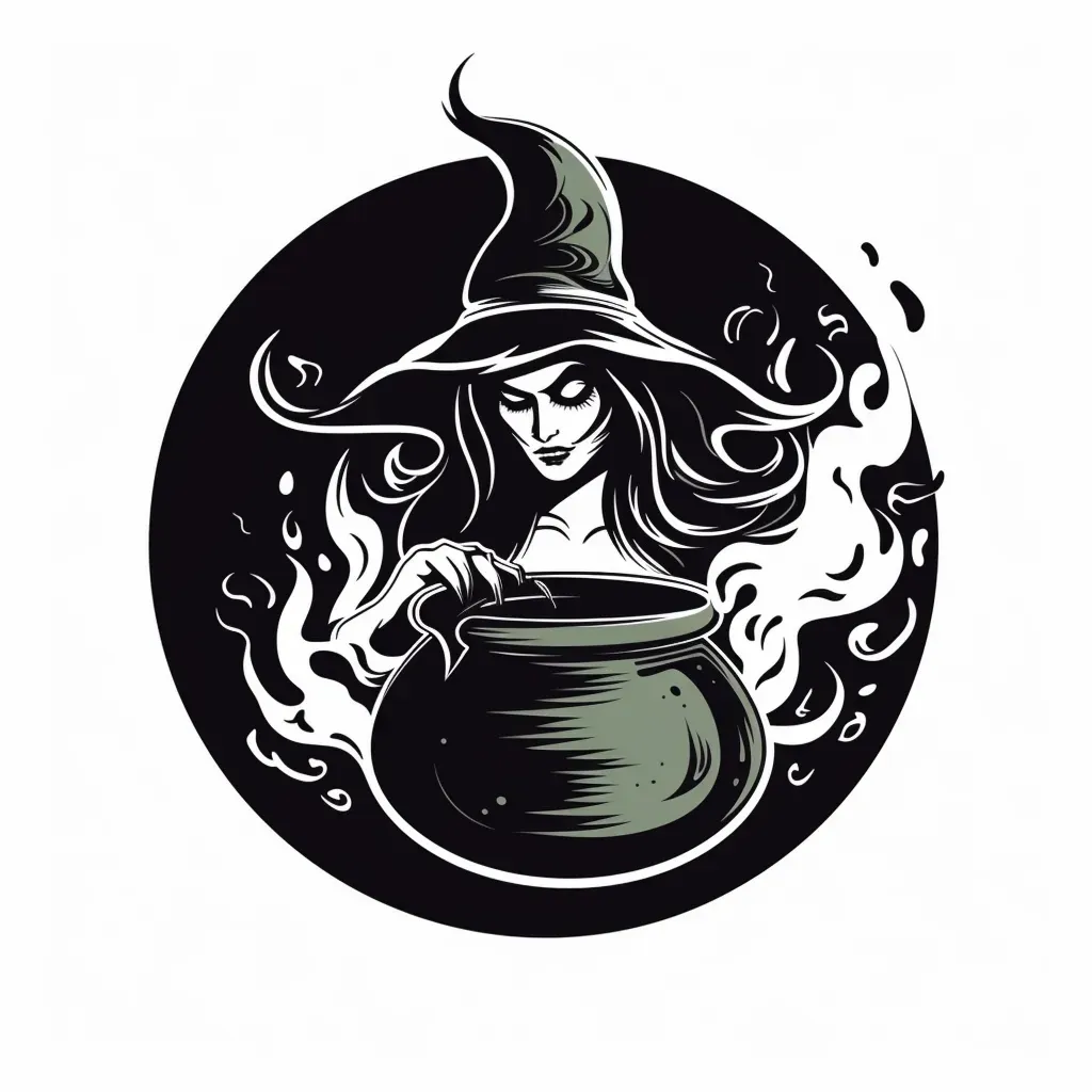 Wicked witch brewing potion in cauldron, brew, moonlit night Halloween logo - Image 2