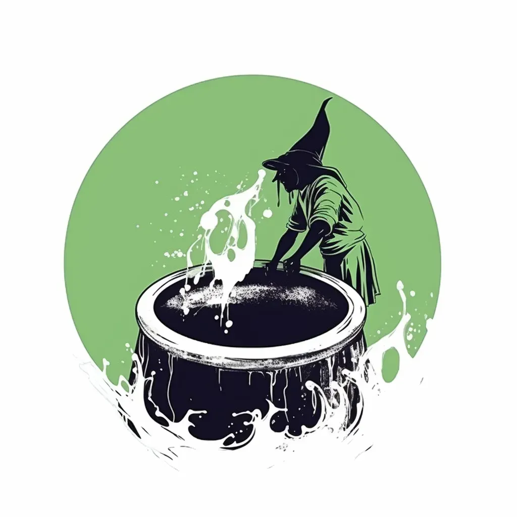 Wicked witch brewing potion in cauldron, brew, moonlit night Halloween logo - Image 3