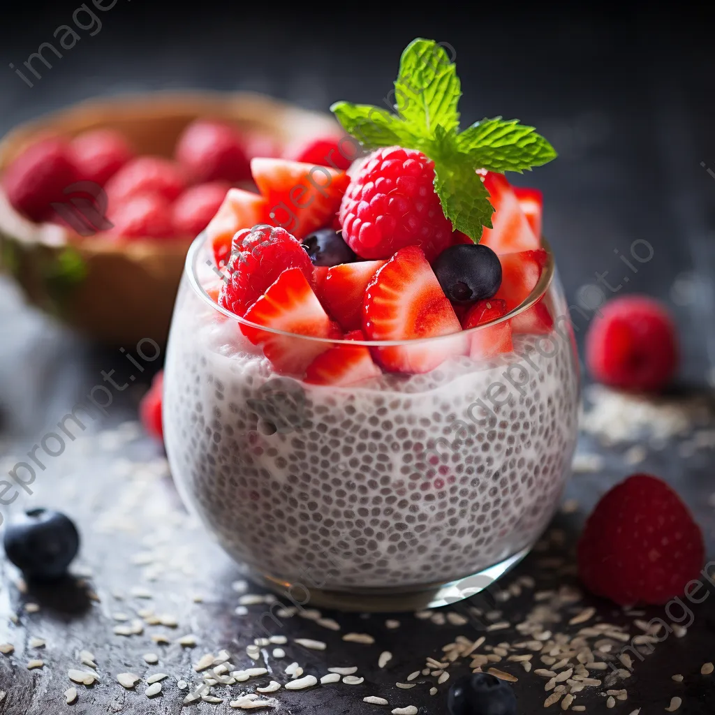 Chia seed pudding topped with fresh berries and coconut flakes - Image 1