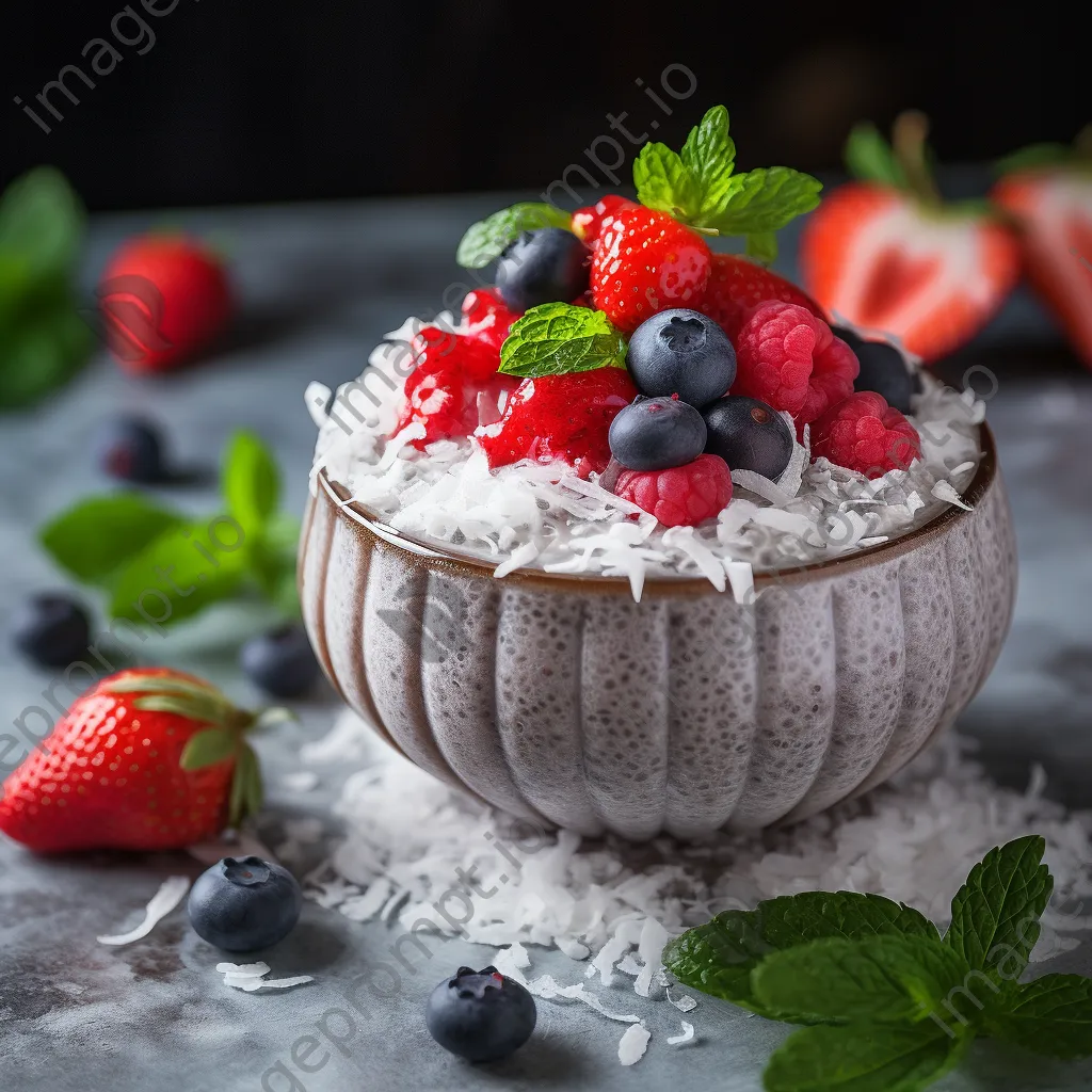 Chia seed pudding topped with fresh berries and coconut flakes - Image 3