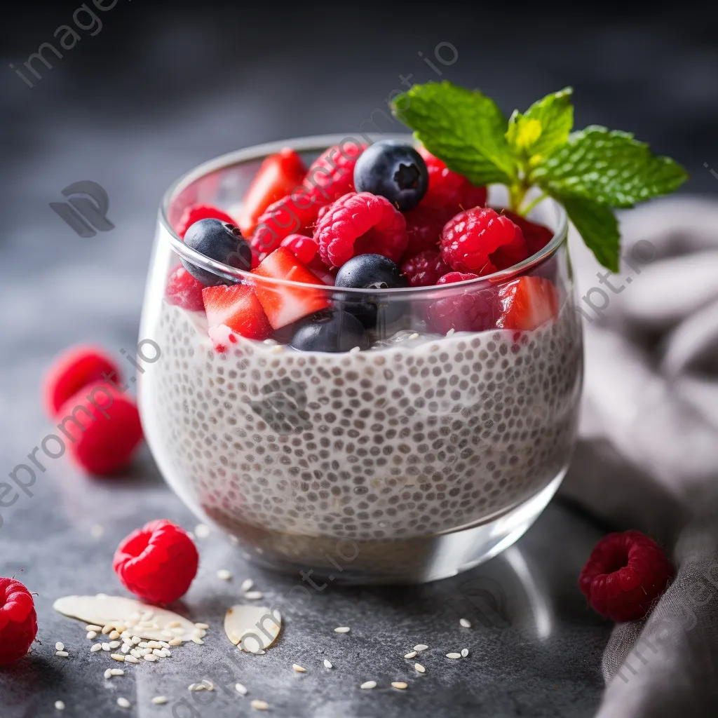 Chia seed pudding topped with fresh berries and coconut flakes - Image 4