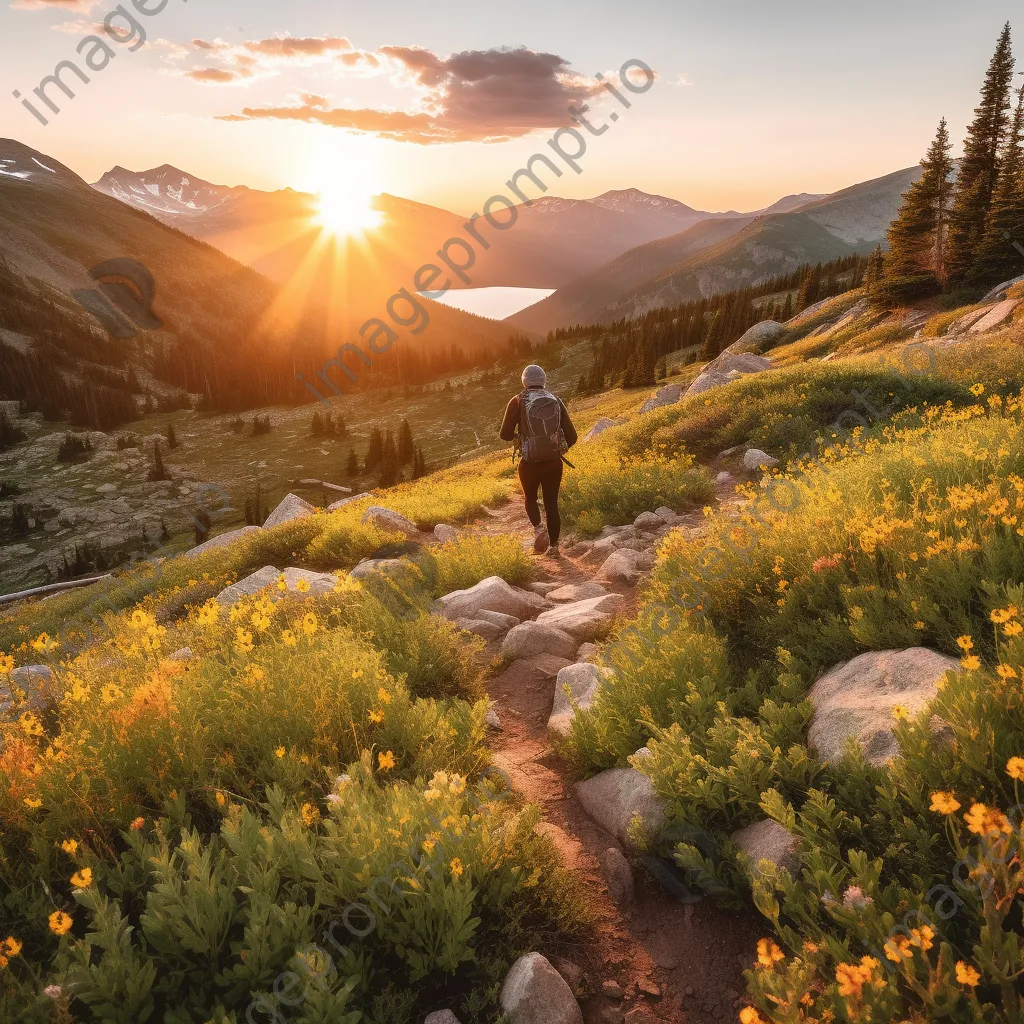 A hiker on a rocky mountain trail with wildflowers during sunset - Image 1