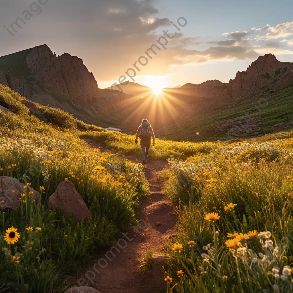 A hiker on a rocky mountain trail with wildflowers during sunset - Image 2