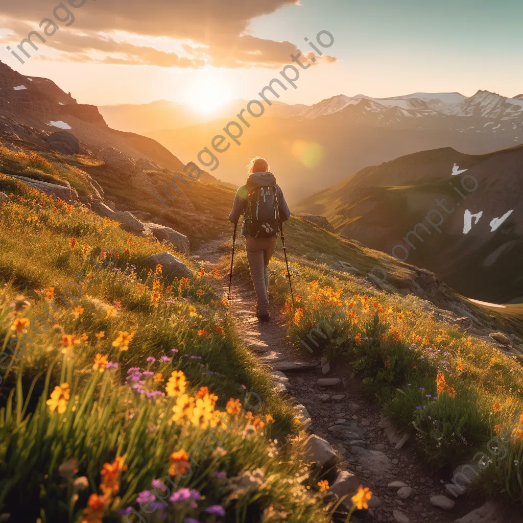 A hiker on a rocky mountain trail with wildflowers during sunset - Image 3