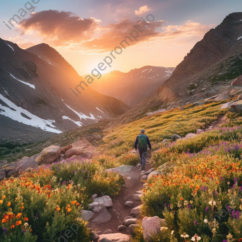 A hiker on a rocky mountain trail with wildflowers during sunset - Image 4