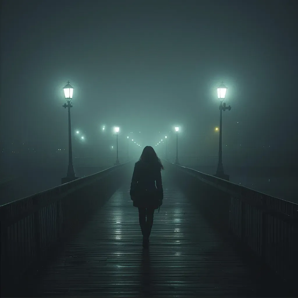 Woman walking on foggy bridge at night - Image 2