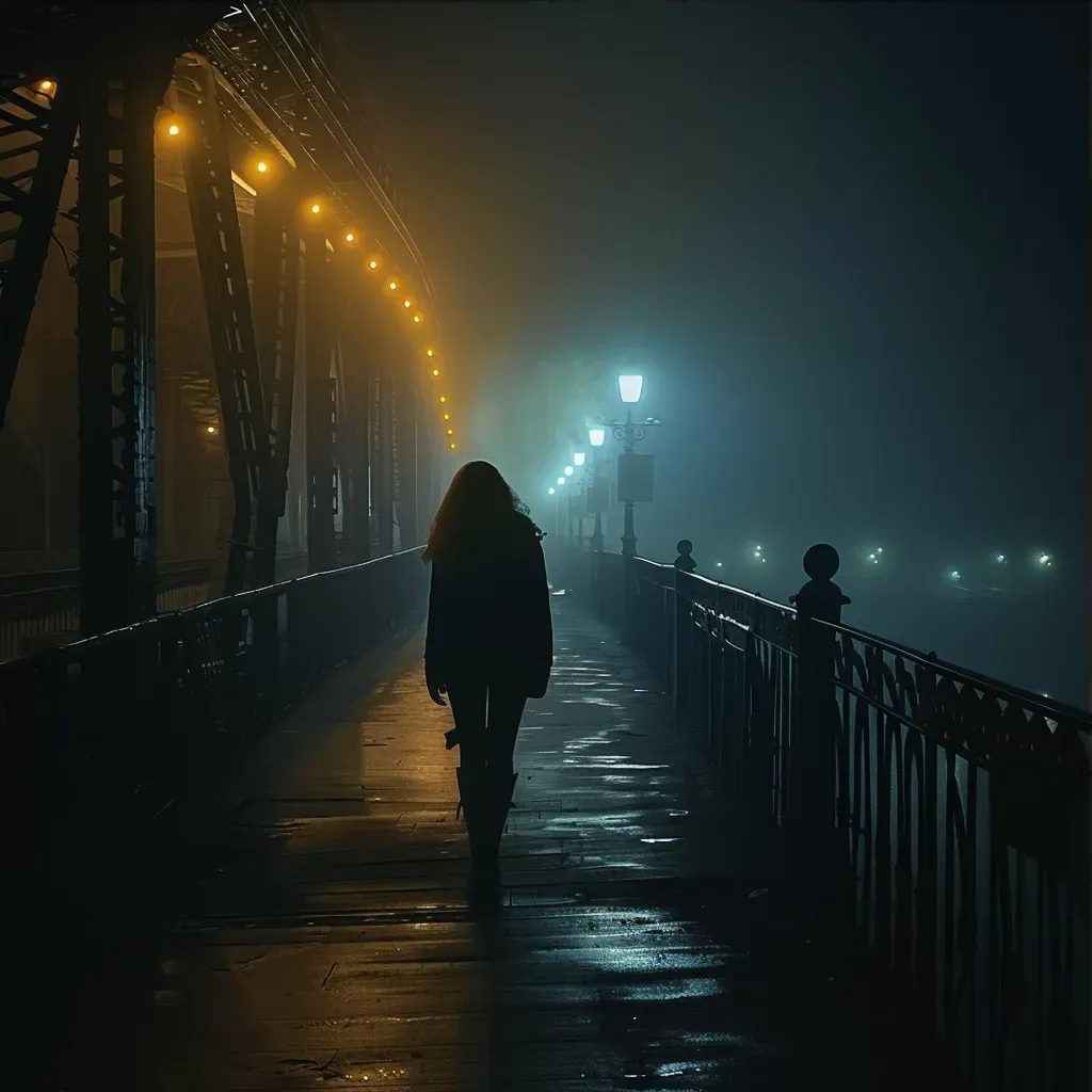 Woman walking on foggy bridge at night - Image 3