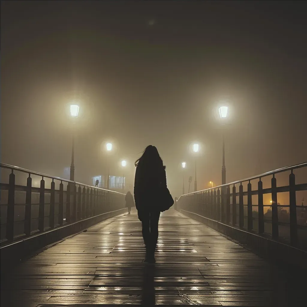 Woman Walking on Foggy Bridge at Night