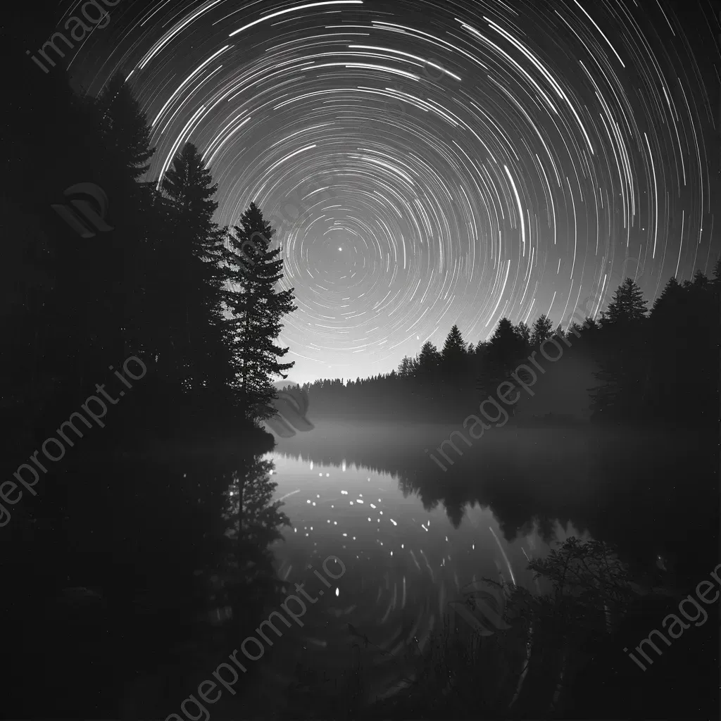 Majestic star trails swirling above a misty lakeside forest - Image 1