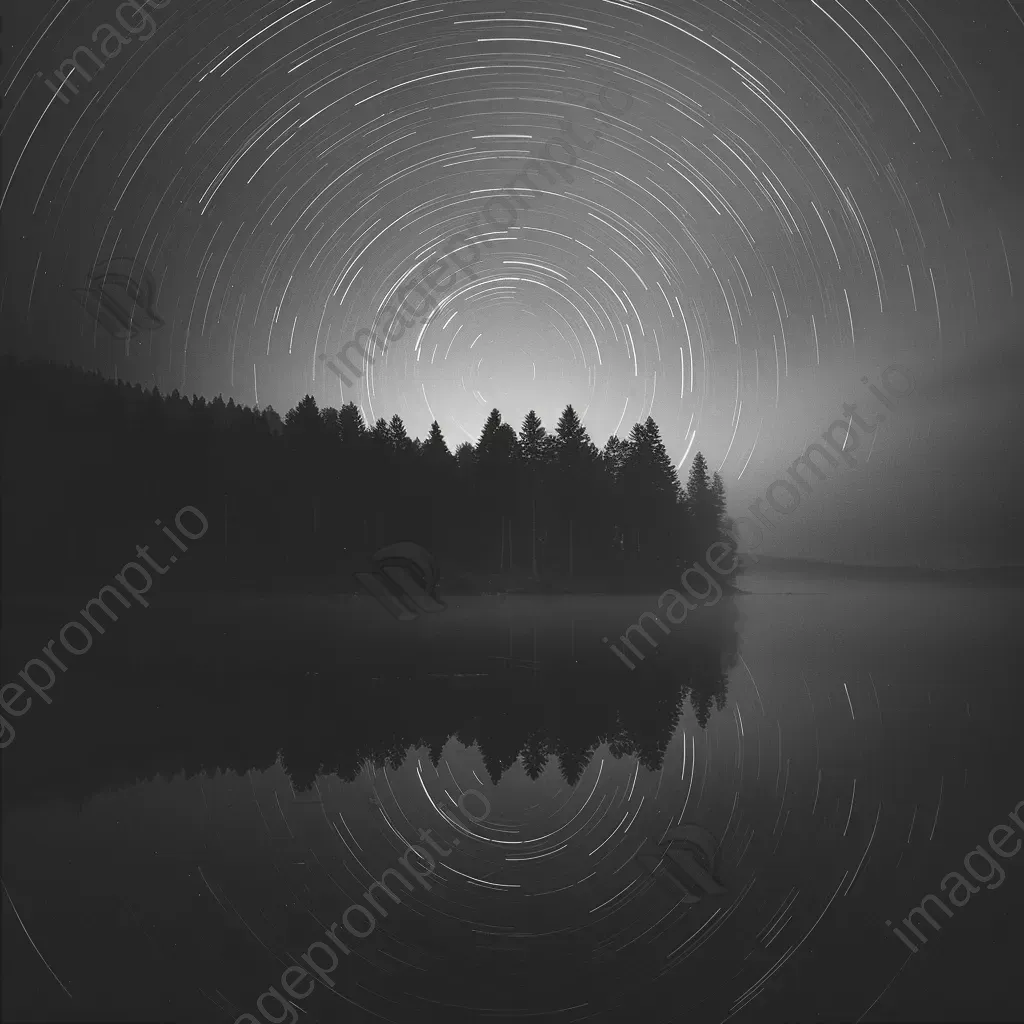 Majestic star trails swirling above a misty lakeside forest - Image 2