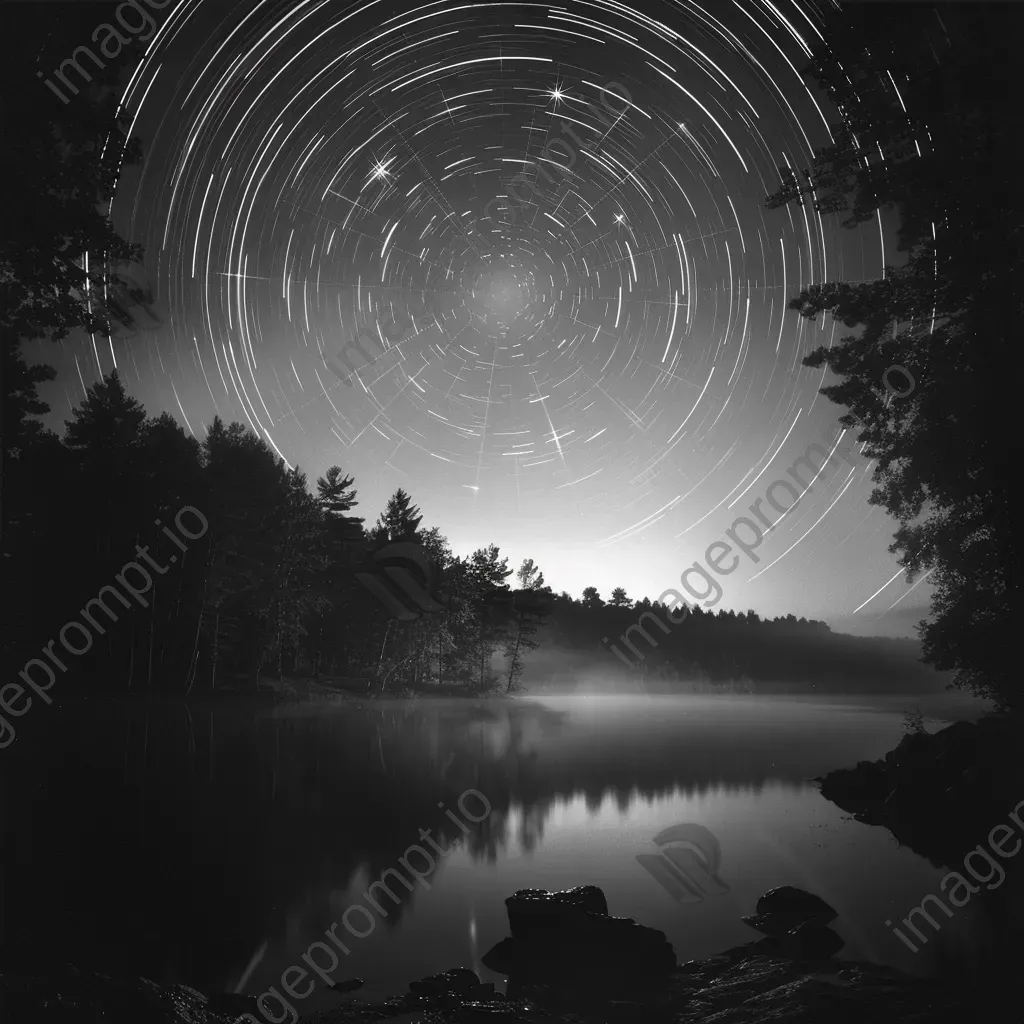 Majestic star trails swirling above a misty lakeside forest - Image 4