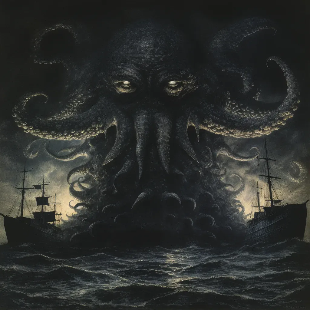 Mythical sea creature rising from the sea depths surrounded by sailors - Image 1