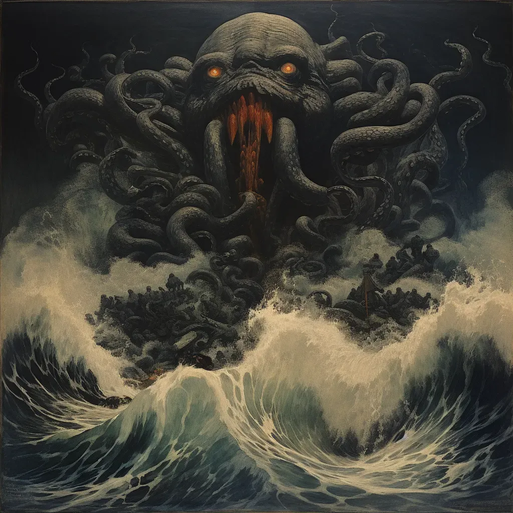 Mythical sea creature rising from the sea depths surrounded by sailors - Image 2