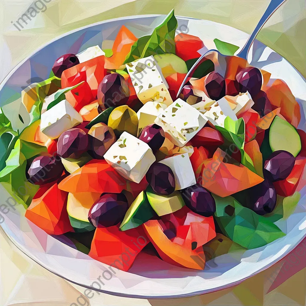 Greek salad with olives and feta expressed in geometric, low poly style with contrast colors - Image 1