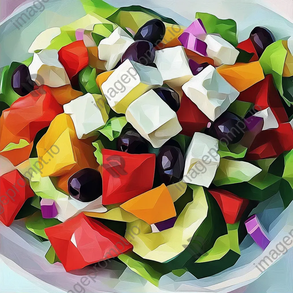 Greek salad with olives and feta expressed in geometric, low poly style with contrast colors - Image 2